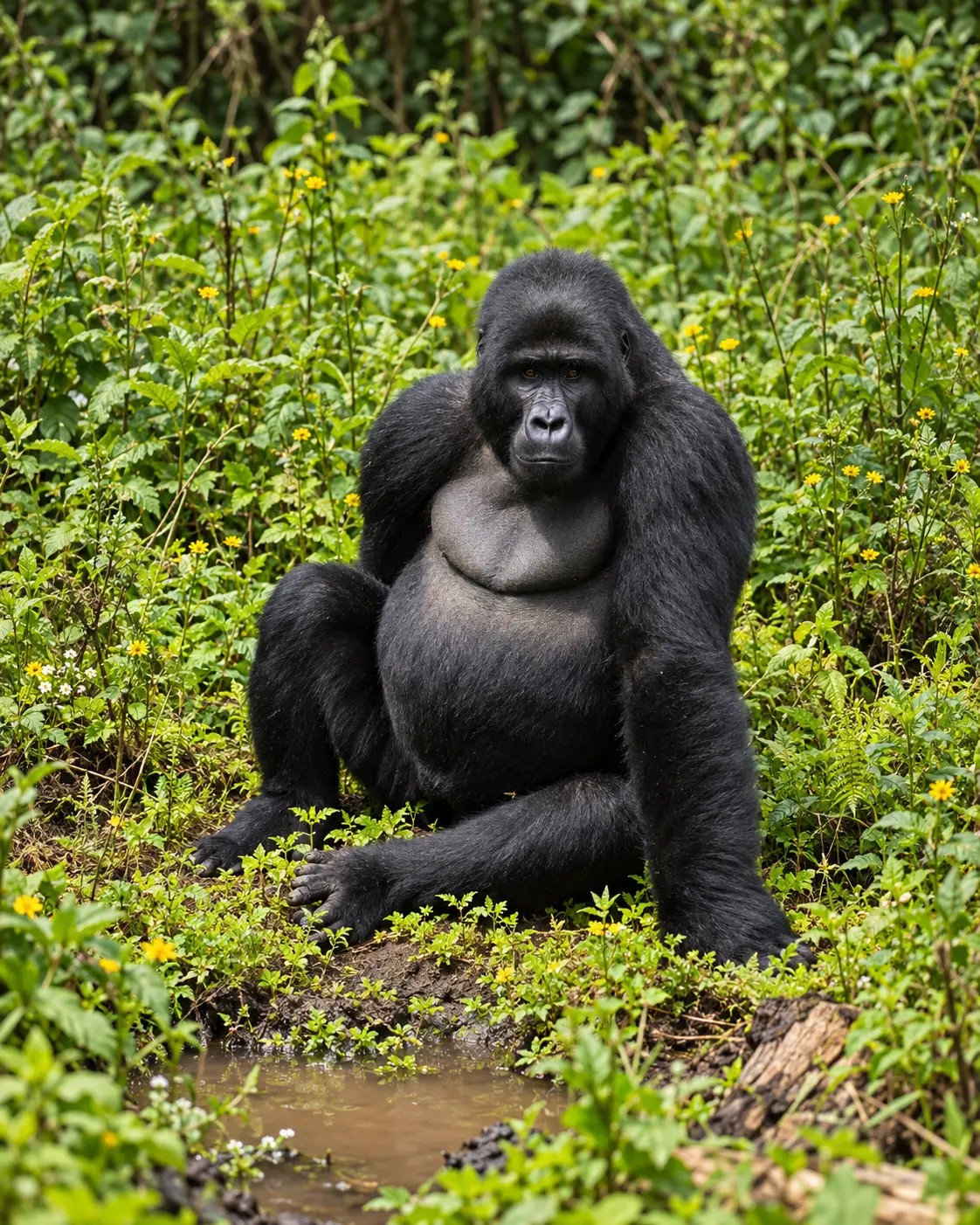A gorilla sitting among green vegetation and small yellow flowers
