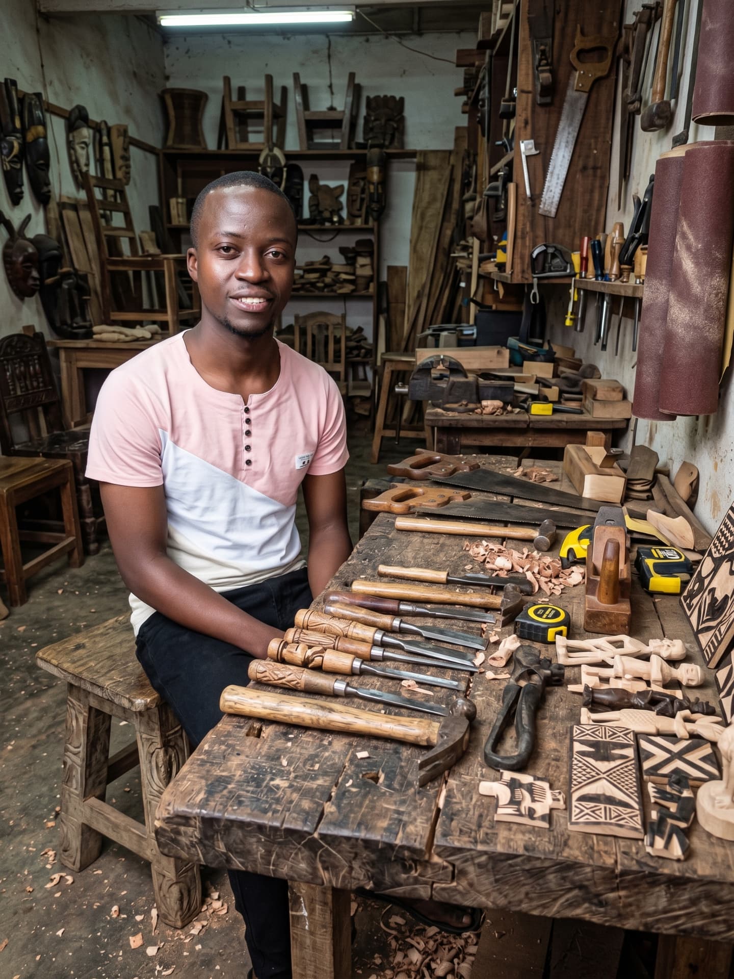 Silver in his woodworking workshop, carving tools and carved pieces on the bench