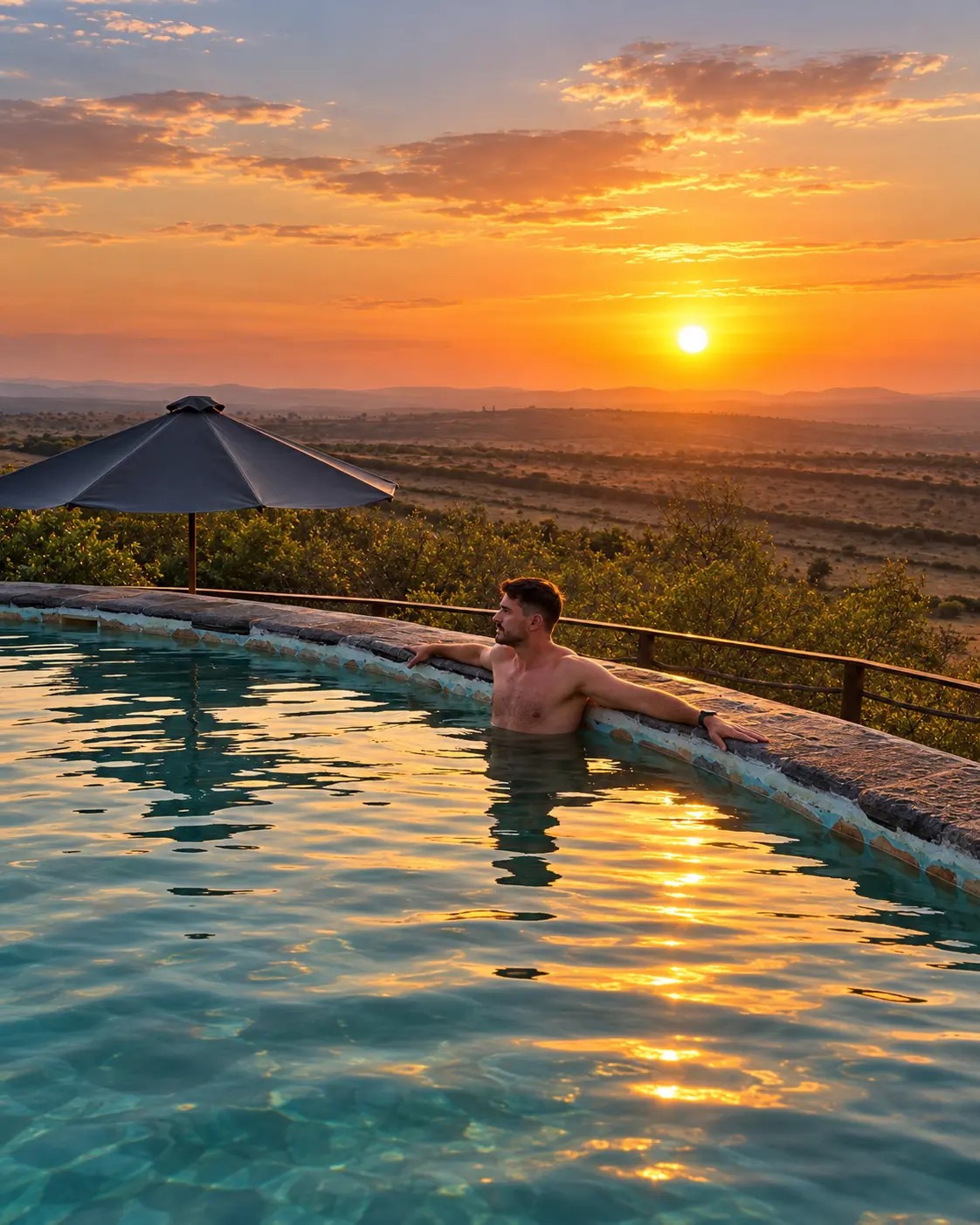 A traveller resting in a pool overlooking the landscape at sunset