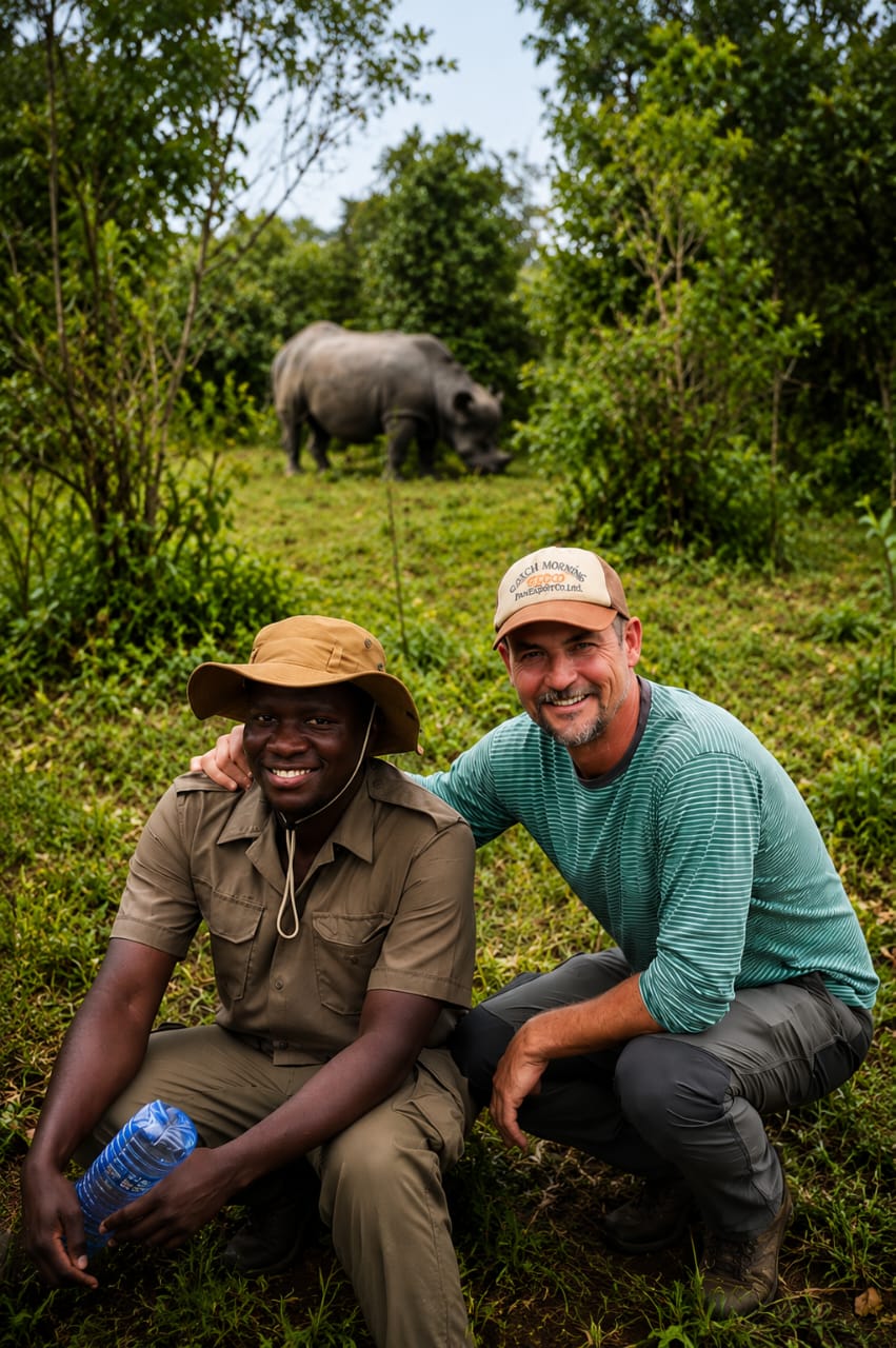 Deogratious with a guest during a rhino encounter, keeping the animal in the background
