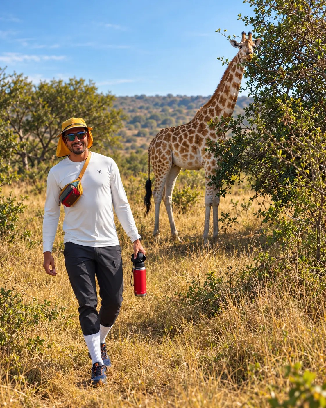 A traveller in a sun hat with a giraffe browsing among trees in the background