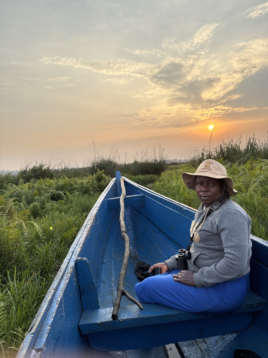 A person with binoculars seated in a canoe among the reeds at sunset in Mabamba Wetlands