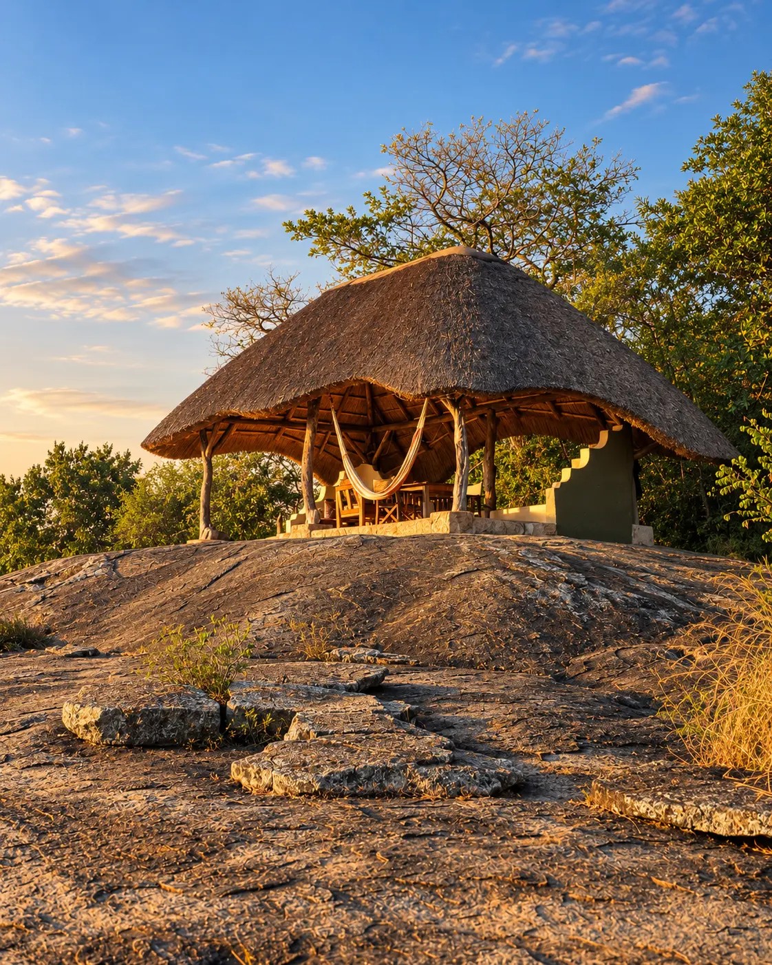 A thatched shelter with a hammock on a rocky outcrop in warm evening light