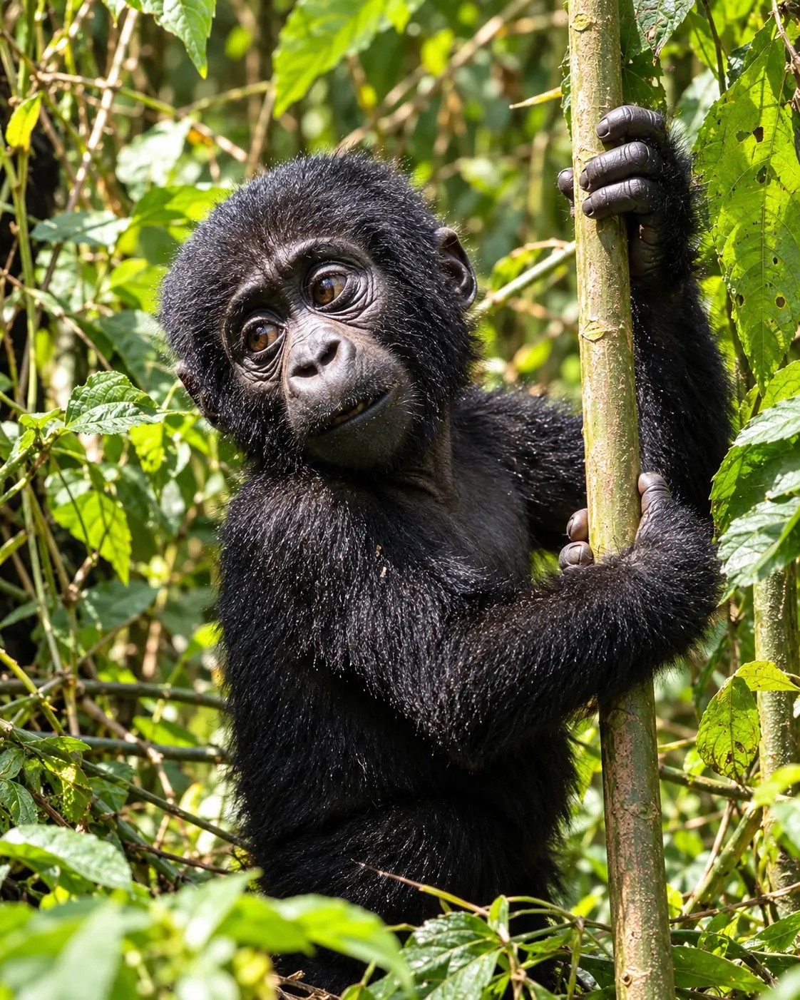 A young mountain gorilla holding a tree trunk among forest leaves
