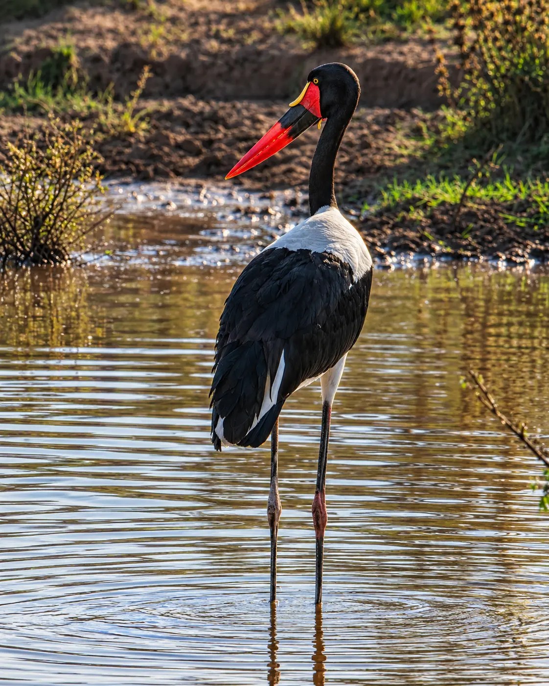 A large wading bird standing in shallow water