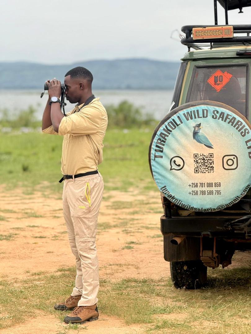 Turakoli guide with binoculars beside the Turakoli safari vehicle